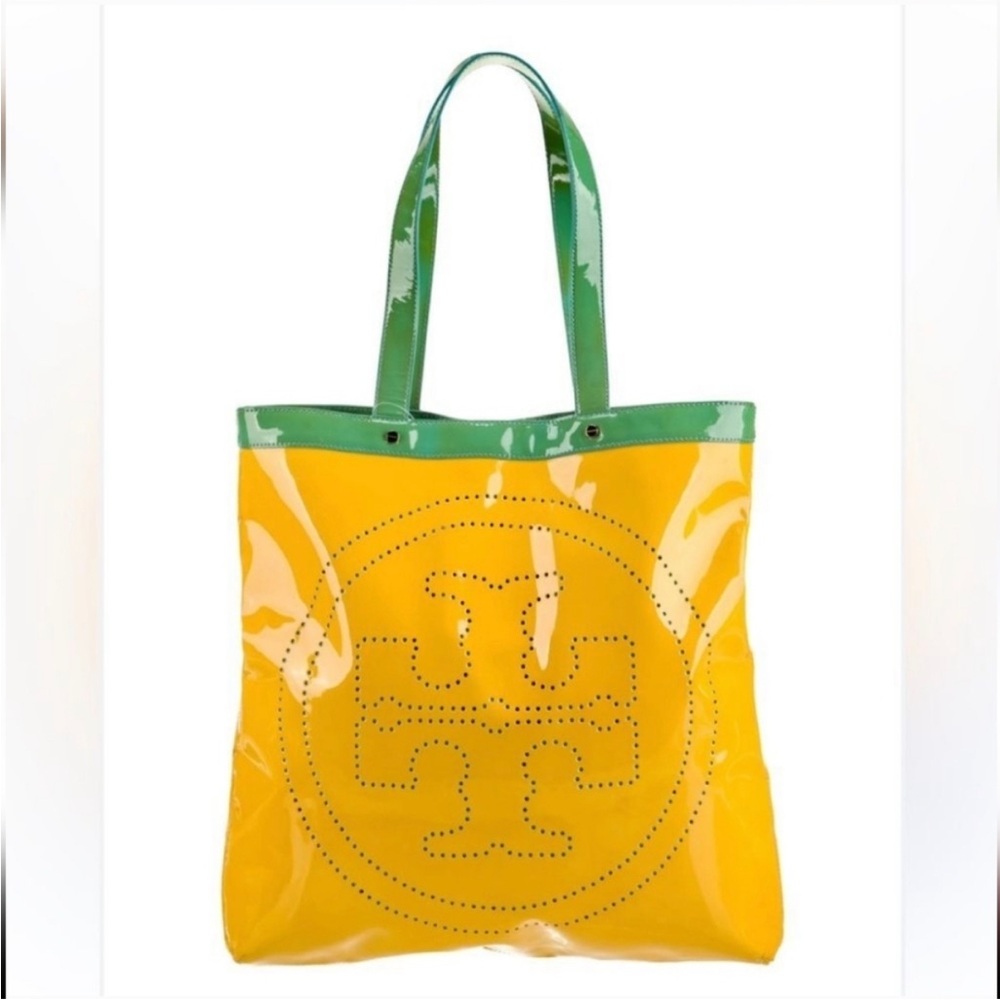 Vintage Y2K Tory Burch Logo Yellow/Teal Patent Leather Large Tote - Picture 2 of 14